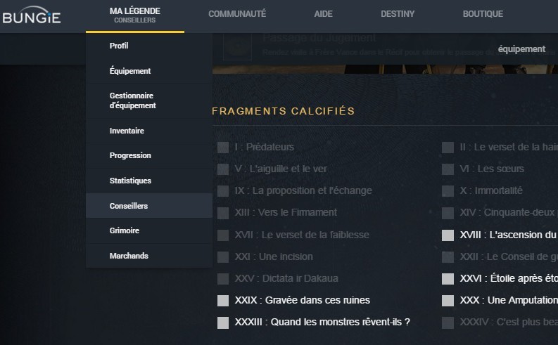 Destiny fragments calcifiés