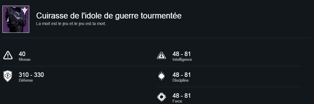 destiny cuirasse de l'idole de guerre tourmentée