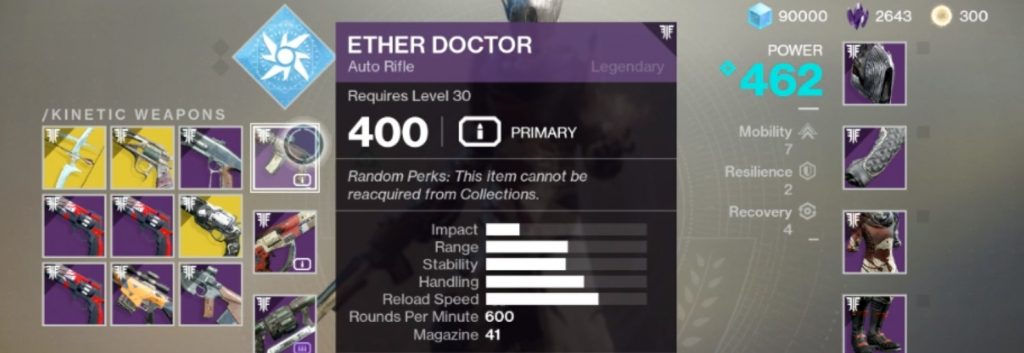 destiny 2 emplacement arme cinétique