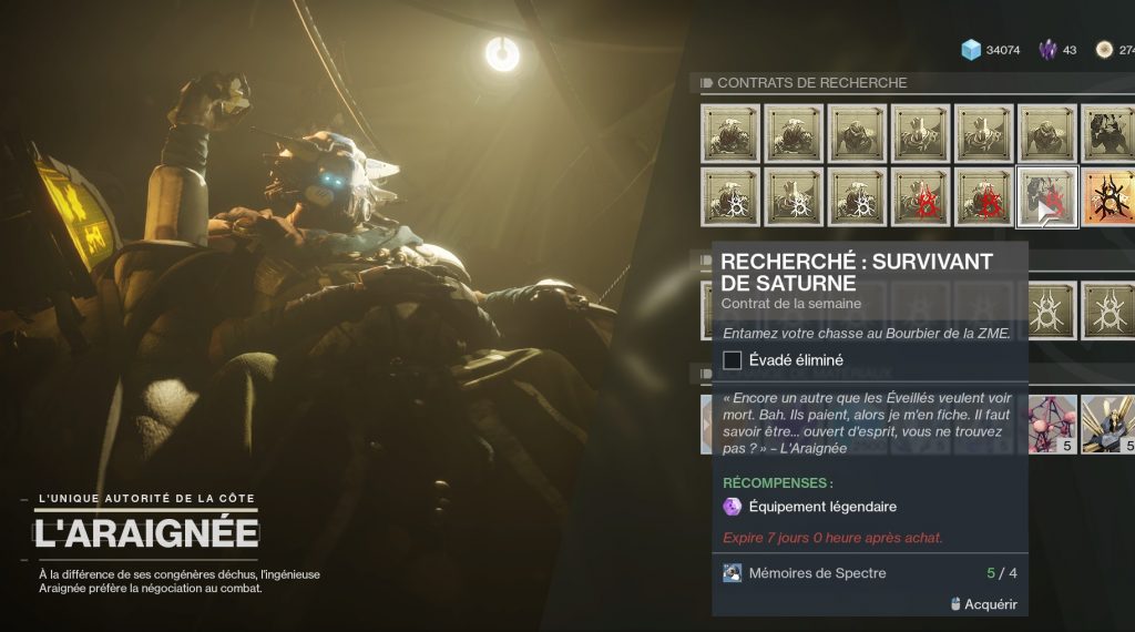 destiny 2 contrat recherché survivant de Saturne