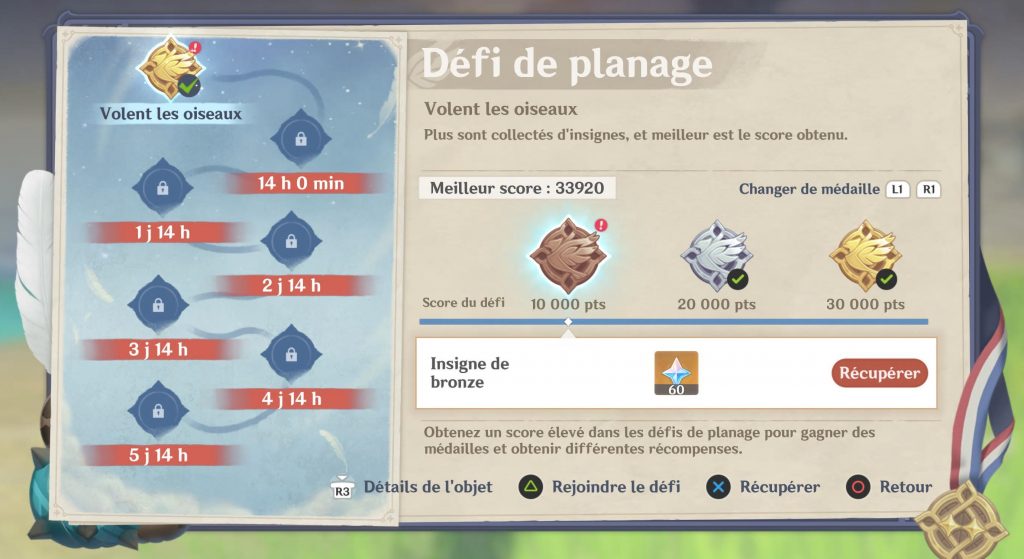 Genshin Impact recompenses défi planage
