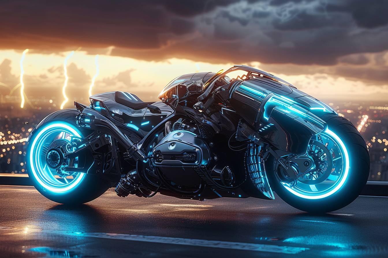 Moto électrique de style futuriste avec des éclairages bleus et noirs