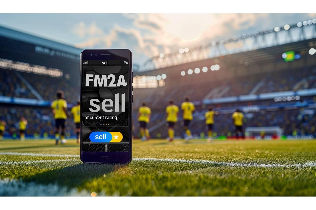 Téléphone portable affichant l'application de trading FM2A sur un terrain de football