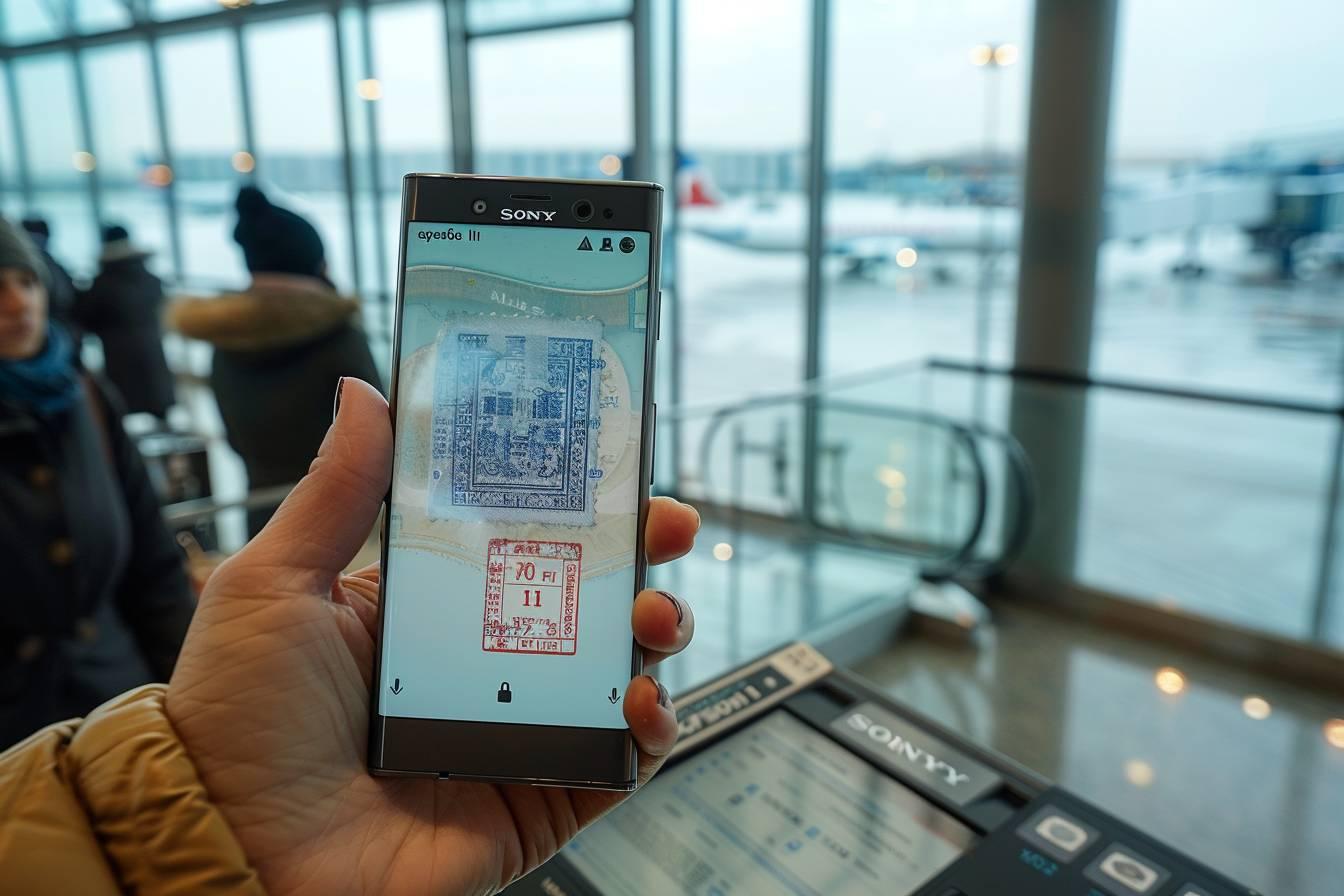 Une personne tenant un téléphone Sony affichant un billet d'avion électronique dans un aéroport.