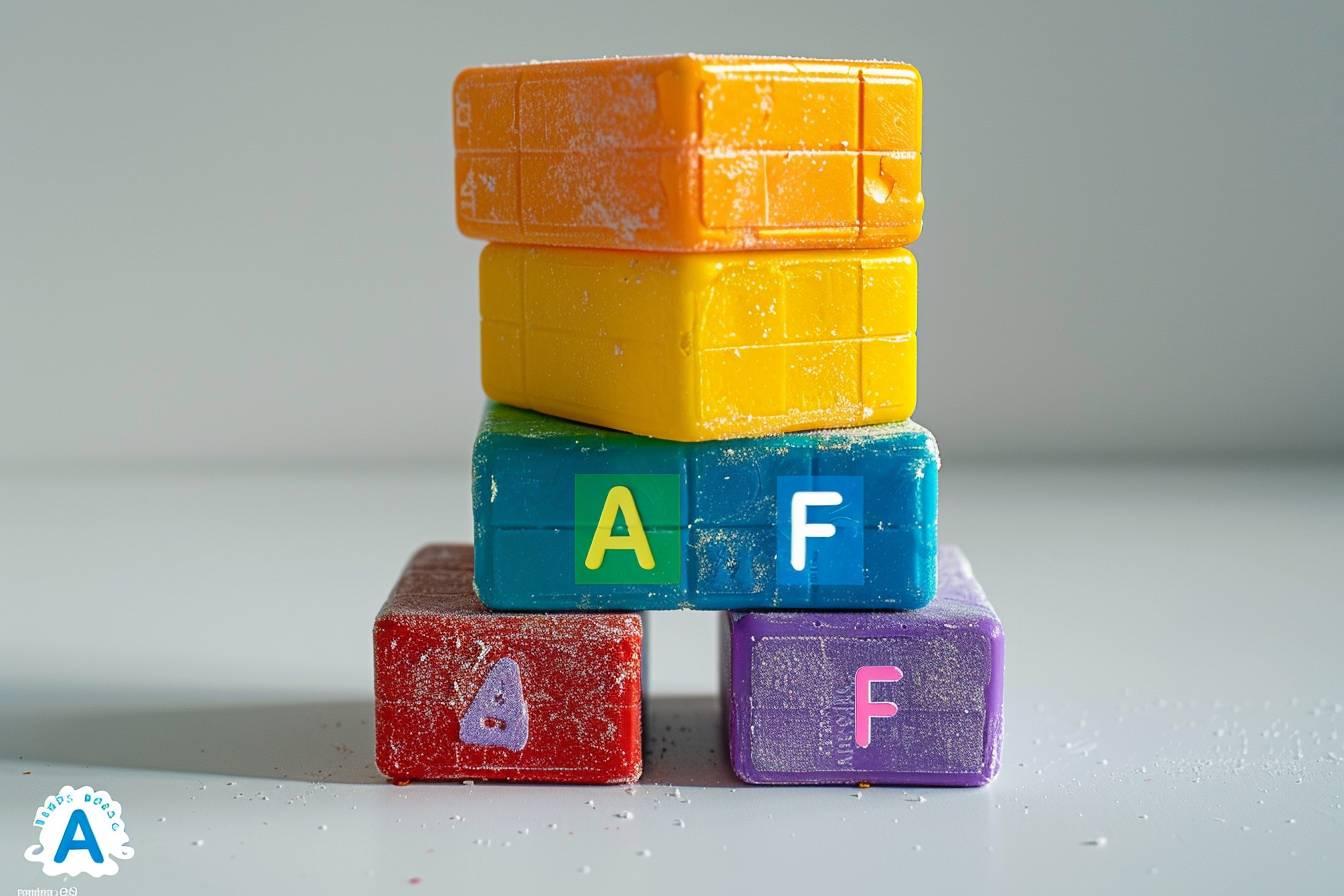 Blocs de construction en bois avec les lettres de l'alphabet peintes dessus.