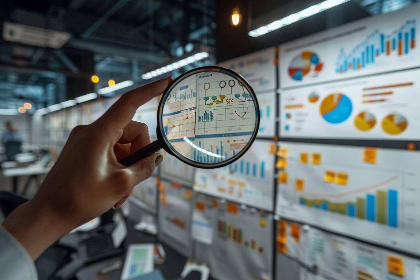 Une main tenant une loupe devant un tableau de bord de données complexes