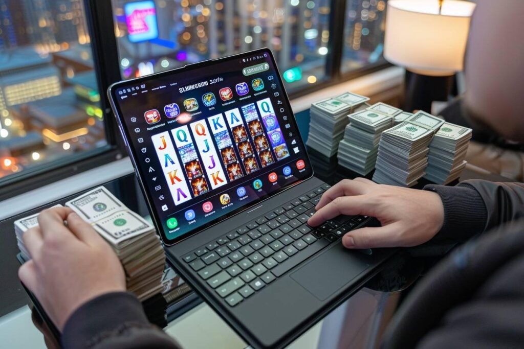 Gros plan sur une tablette affichant un jeu de casino sur fond de billets de banque