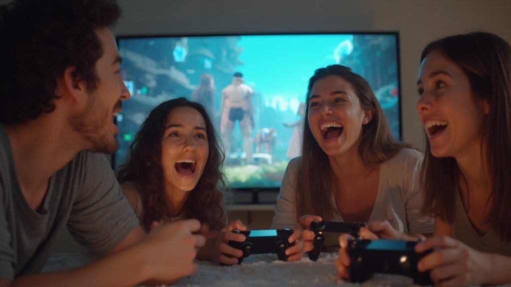 Groupe d'amis riant et s'amusant ensemble à jouer à un jeu vidéo