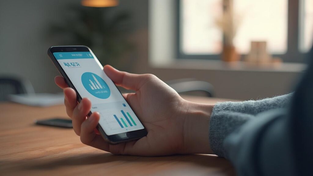 Personne tenant un smartphone avec des graphiques statistiques affichés à l'écran