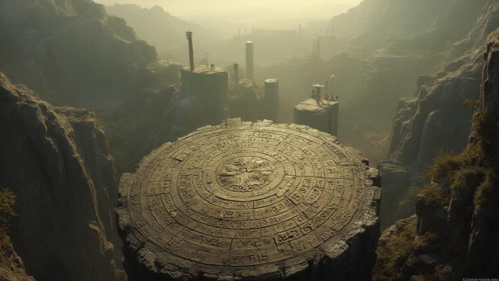 Ancienne cité mystérieuse sur un plateau rocheux dans le brouillard