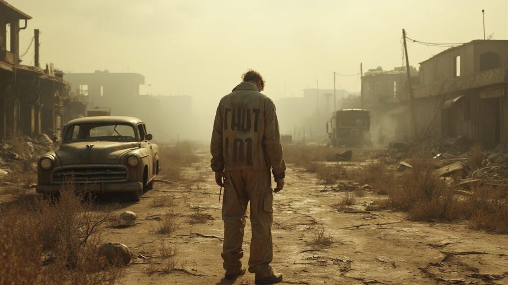 Ruines désolées d'une ville après une catastrophe nucléaire, avec un homme seul marchant dans la dévastation.