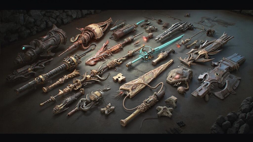 Une collection d'armes de fantaisie et d'objets mystiques sur fond sombre.