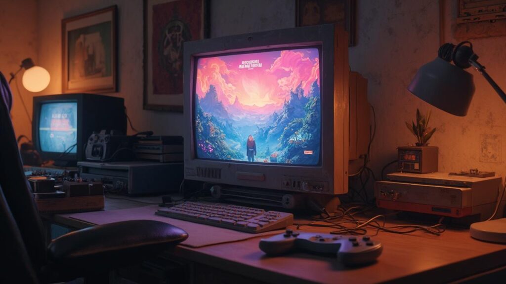 Bureau de jeu vidéo avec écran montrant un paysage fantastique