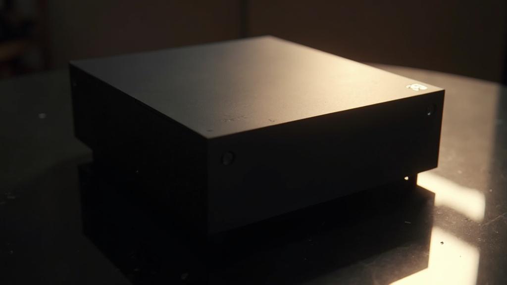 Une boîte noire rectangulaire posée sur une surface sombre