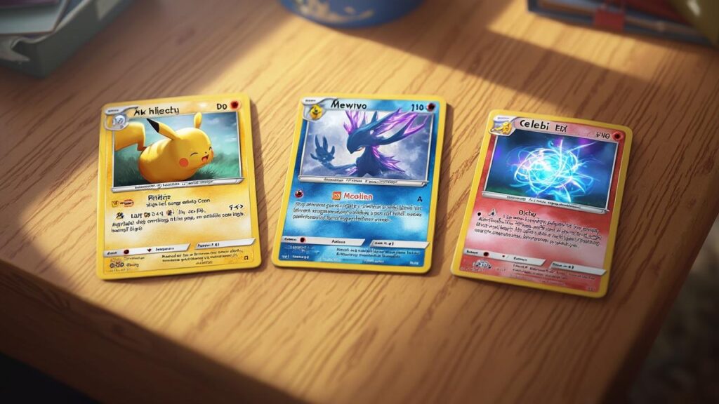 Image de trois cartes Pokémon sur une table en bois