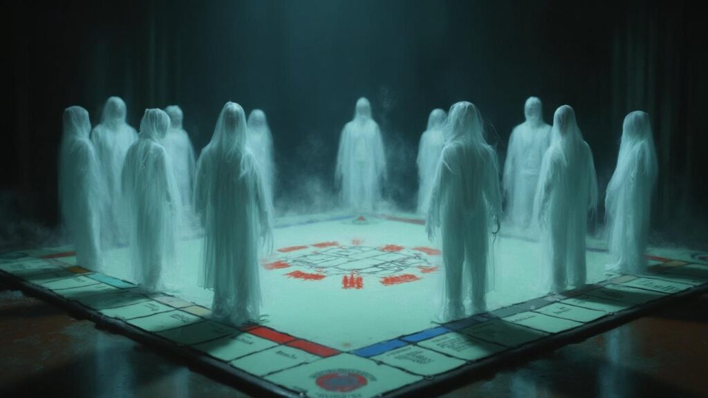 Figures fantomatiques entourant un symbole mystique sur un plateau