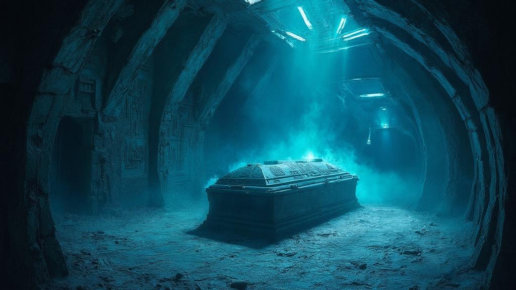 Un cercueil au milieu d'un tunnel souterrain illuminé de lueurs bleues mystérieuses