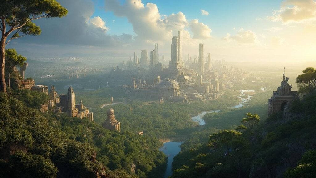 Paysage urbain imaginaire avec gratte-ciel et rivière dans la jungle