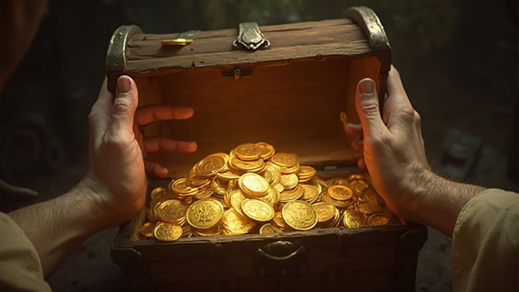 Coffre en bois rempli de pièces d'or brillantes