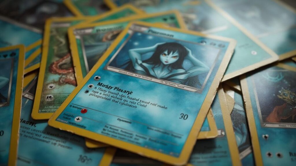 Une pile de cartes Pokémon vintage avec une carte montrant un personnage féminin