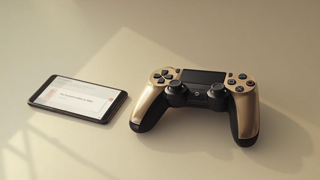 Une manette de jeu et un smartphone posés sur une surface