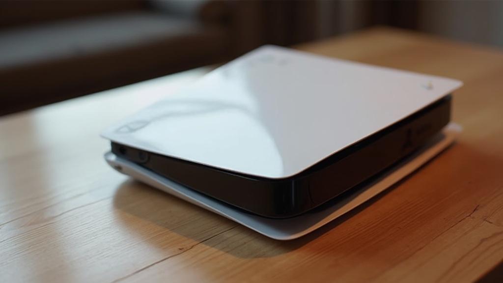 Une console de jeux vidéo noire et blanche posée sur une table en bois.