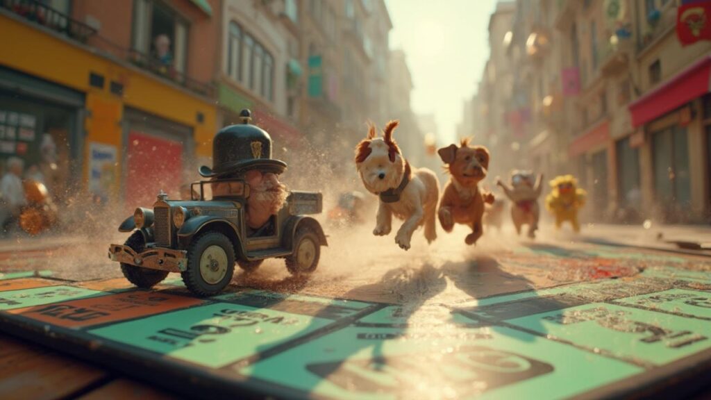 Scène de course-poursuite avec jouets de chiens et voiture vintage