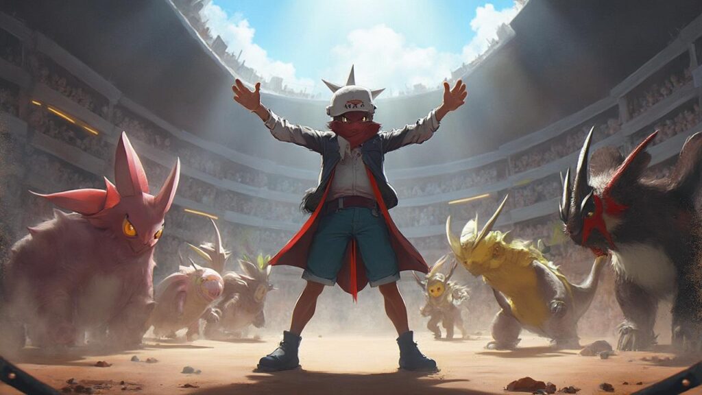 Un dresseur Pokémon debout fièrement dans un stade avec ses créatures.