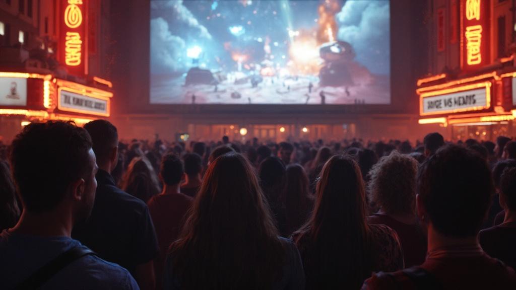 Vue de face d'une foule dans une salle de cinéma regardant un film projeté sur un grand écran.