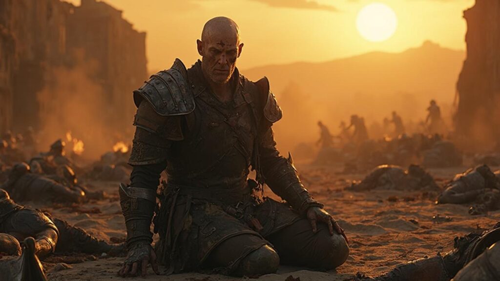 Un homme armé en armure solitaire sur un champ de bataille au coucher de soleil