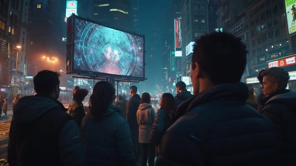 Une foule de personnes regarde une grande affiche illuminée dans une ville animée la nuit.