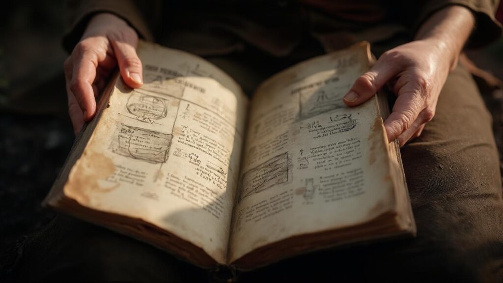 Image d'un ancien journal de recherche manuscrit ouvert, avec des annotations et des dessins.