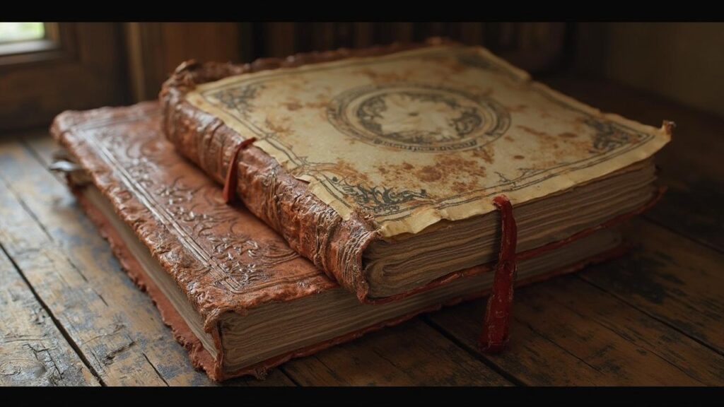 Livre ancien relié de cuir avec des pages ornées de motifs