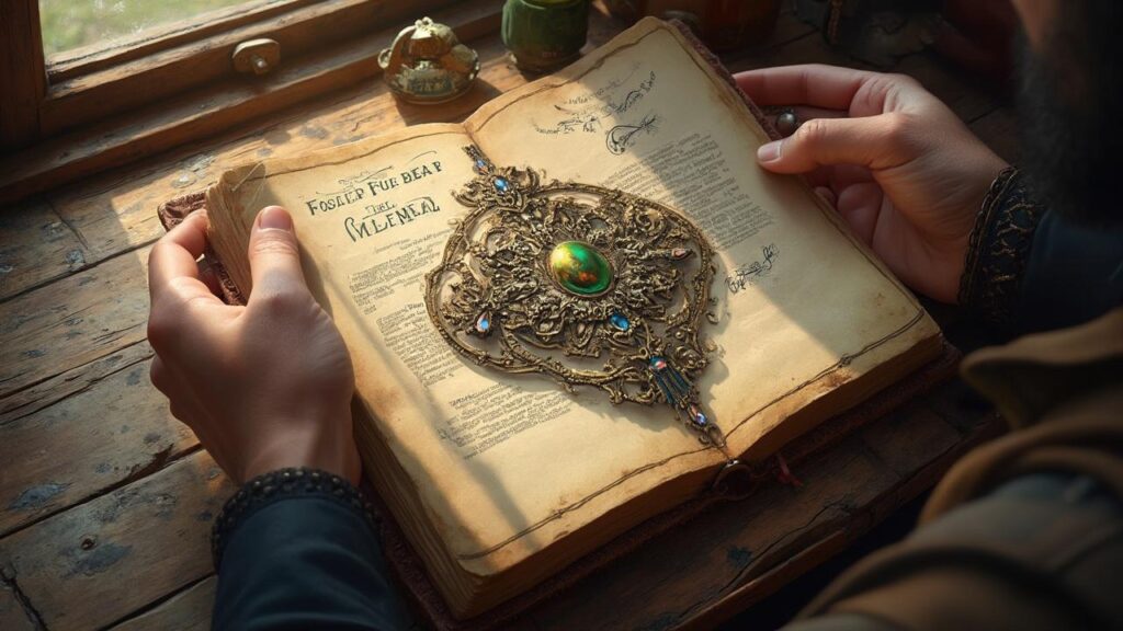 Un vieux livre ouvert posé sur une table en bois, avec un bijou décoratif ancien au centre