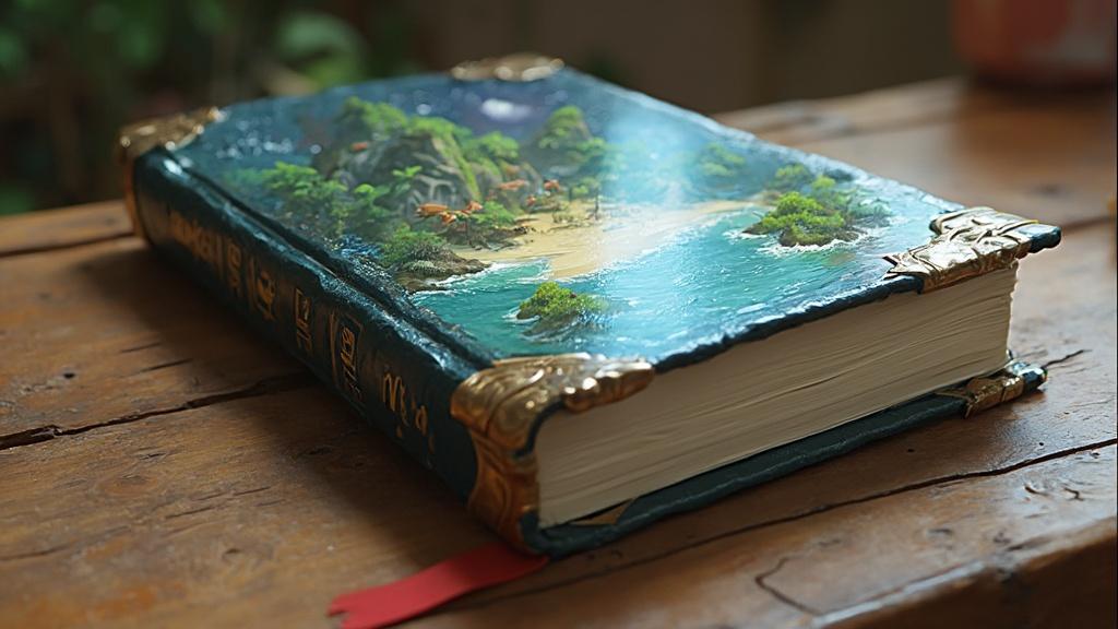 Ancien livre avec une couverture peinte d'un paysage fantastique