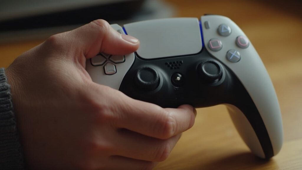 Gros plan sur une main tenant une manette de jeu moderne.
