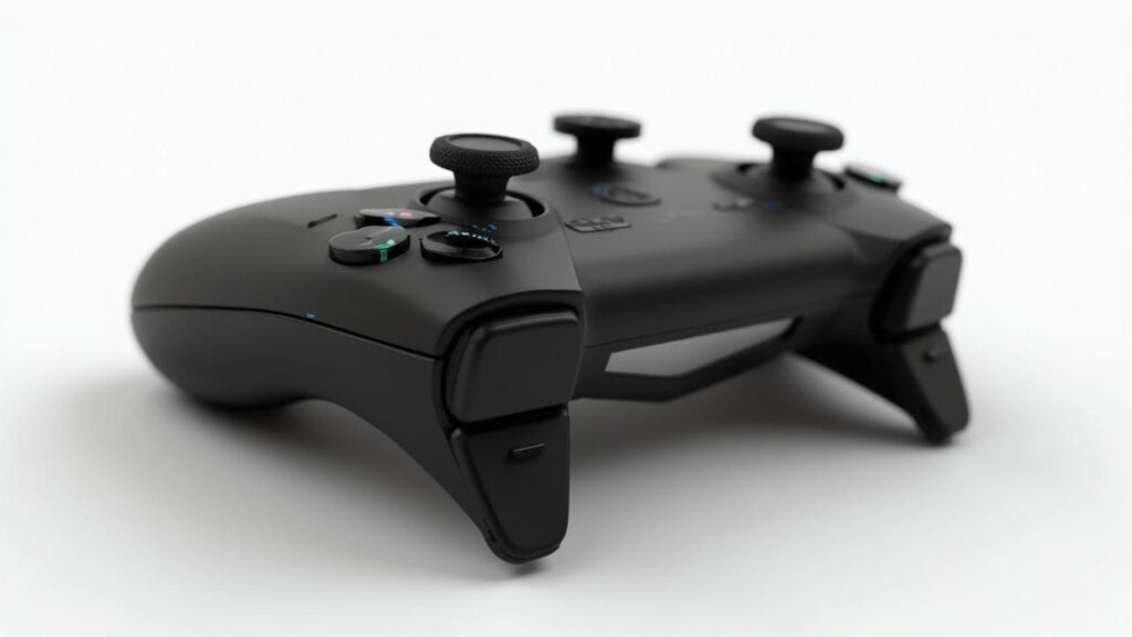 Gros plan sur une manette de jeu filaire noire avec des boutons et joysticks.