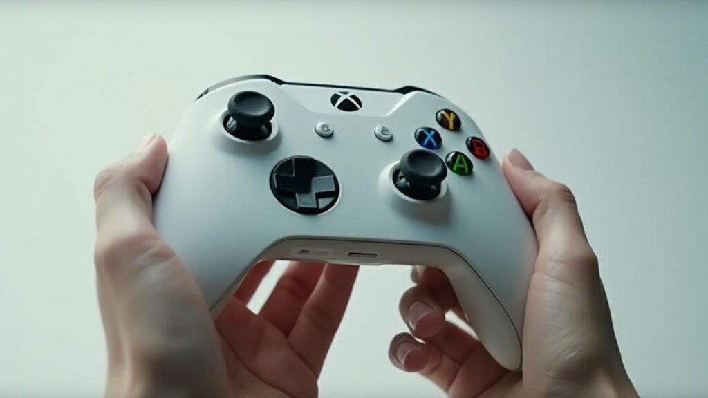 Manette de jeu Xbox blanche tenue sur un smartphone