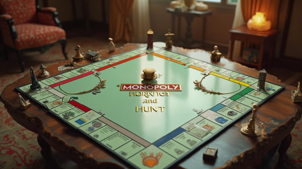 Plateau de jeu Monopoly sur une table vintage avec décoration.