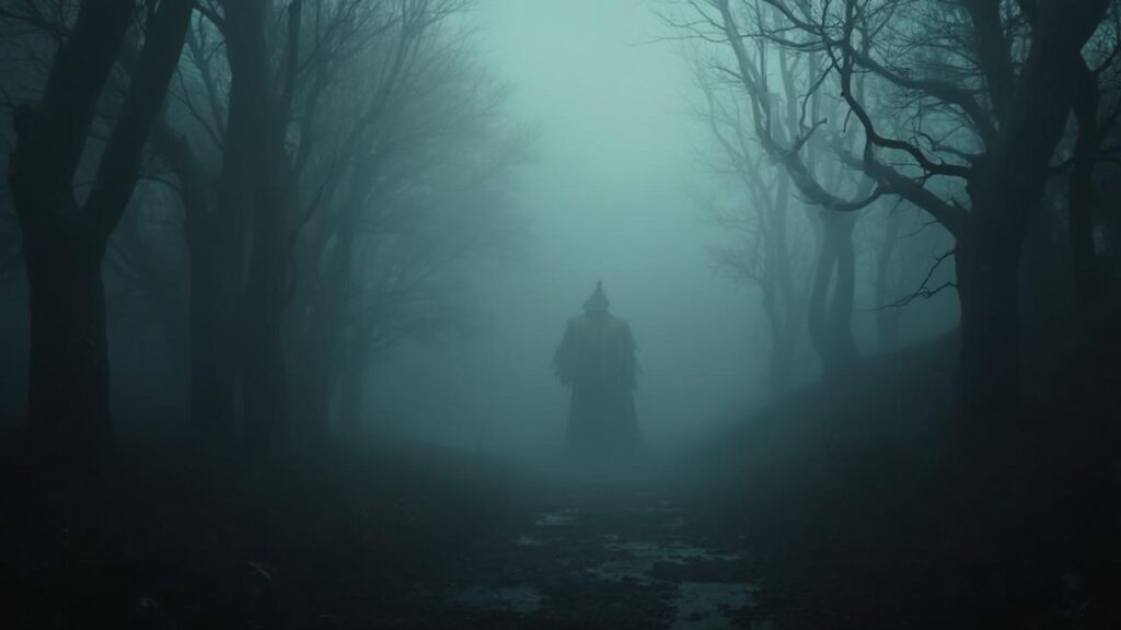 Forêt brumeuse avec une silhouette sombre au loin