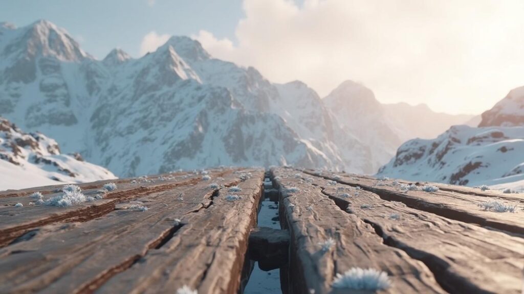 Parcours sinueux sur un sentier de bois dans un décor montagneux enneigé