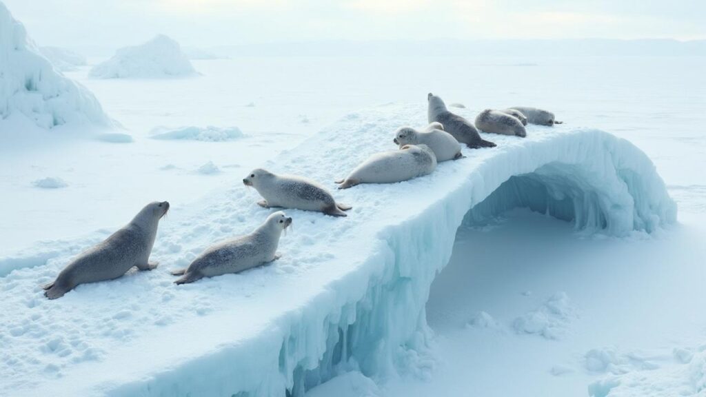 Groupe de phoques blancs reposant sur un iceberg dans un paysage enneigé