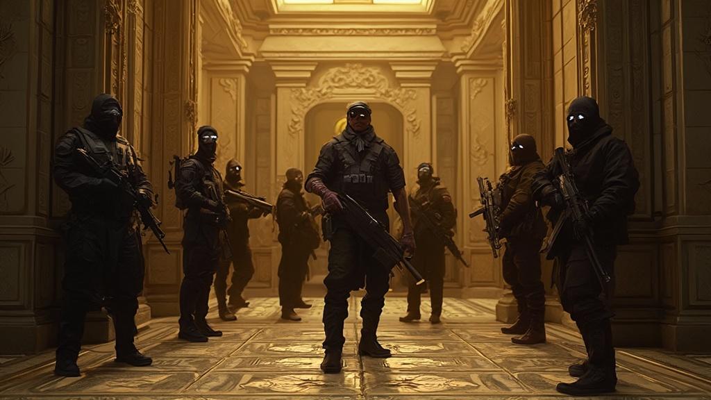 Une équipe de soldats en tenue de combat dans un hall élégant