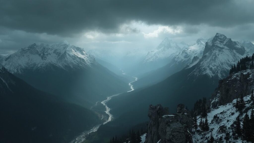 Vue panoramique d'une vallée glaciale entourée de sommets enneigés.