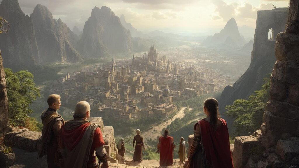 Personnages contemplant une ville fantastique entourée de montagnes élevées