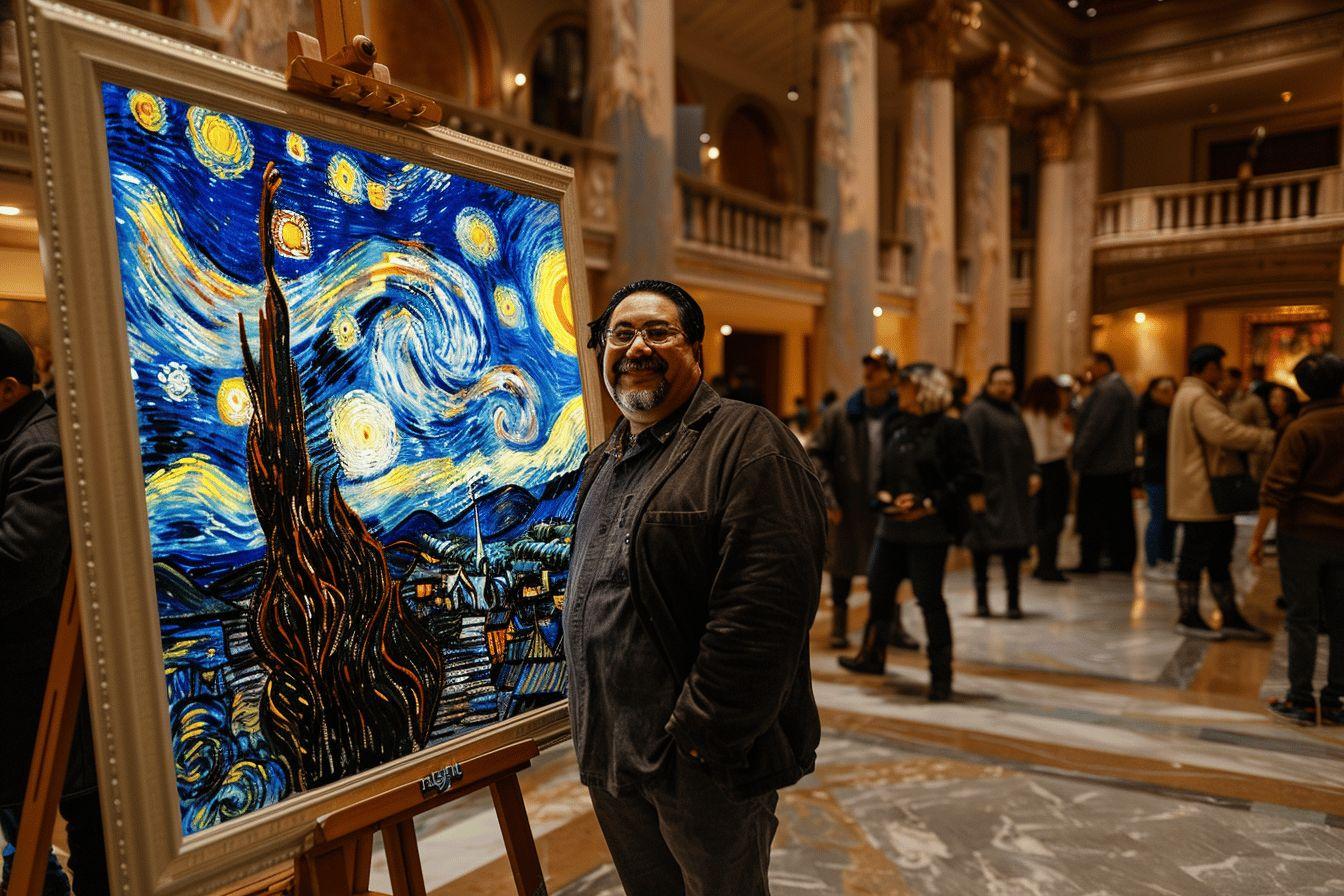 Un homme tenant fièrement une toile représentant la célèbre peinture de Van Gogh, La Nuit Étoilée.