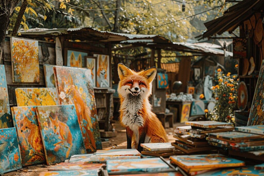 Renard roux souriant dans une échoppe de peintures colorées