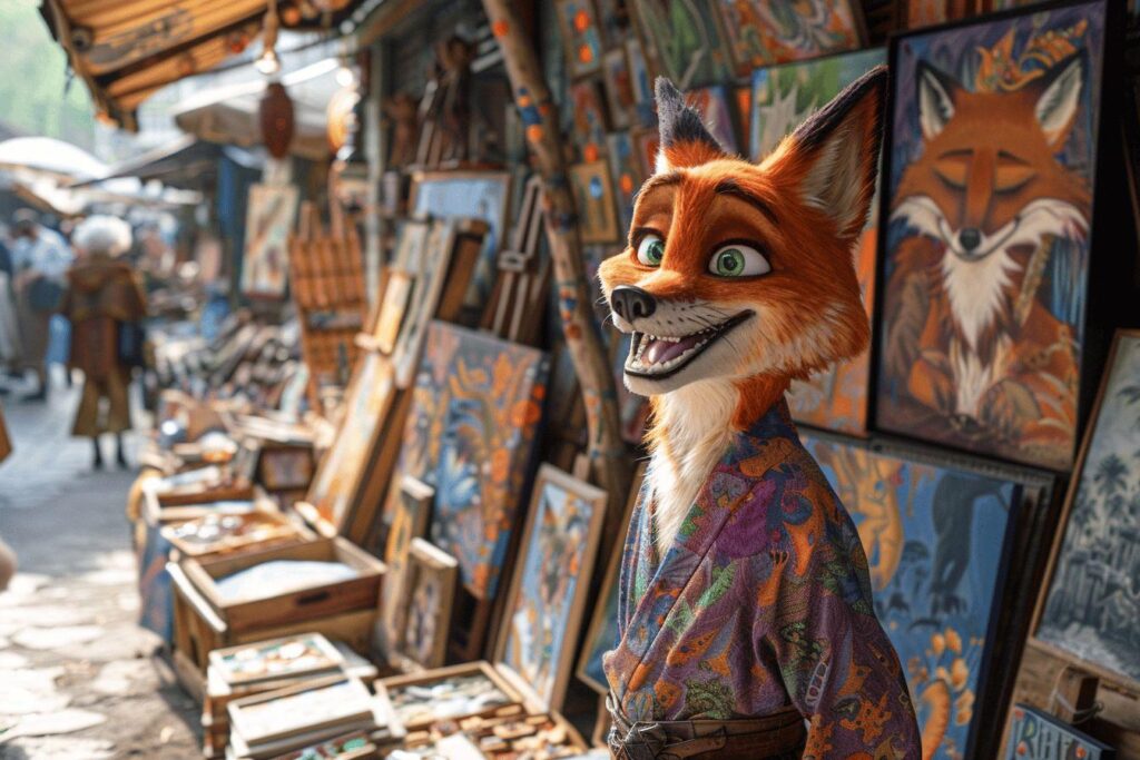 Un animal fantaisiste représentant un renard avec un air malicieux dans un marché d'art
