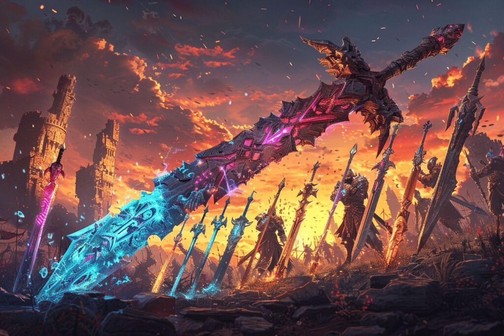 Image montrant une scène de combat fantastique dans un paysage apocalyptique.