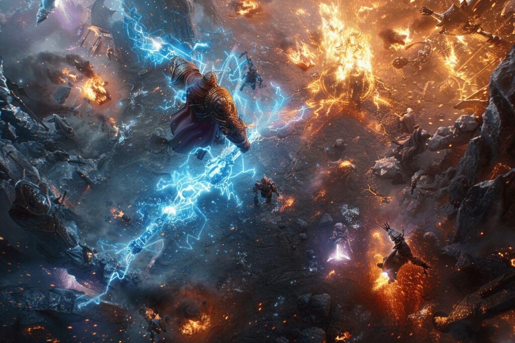 Scène de combat épique avec créatures fantastiques et explosions